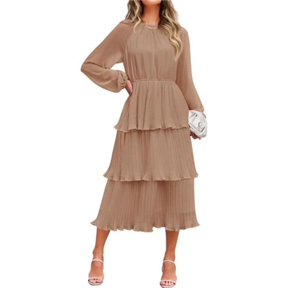 ZESICA Women's 2025 Long Sleeve Crew Neck Ruffle Tiered Layered Chiffon Flowy
